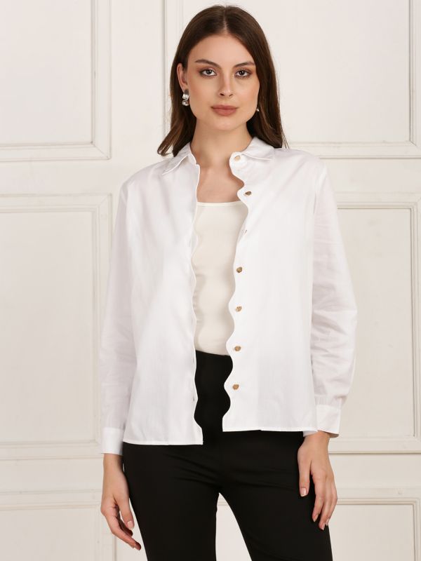 Globus Women White Collared Neck Scalloped Button Placket Cuffed Sleeves Straight Hem Party Shirt