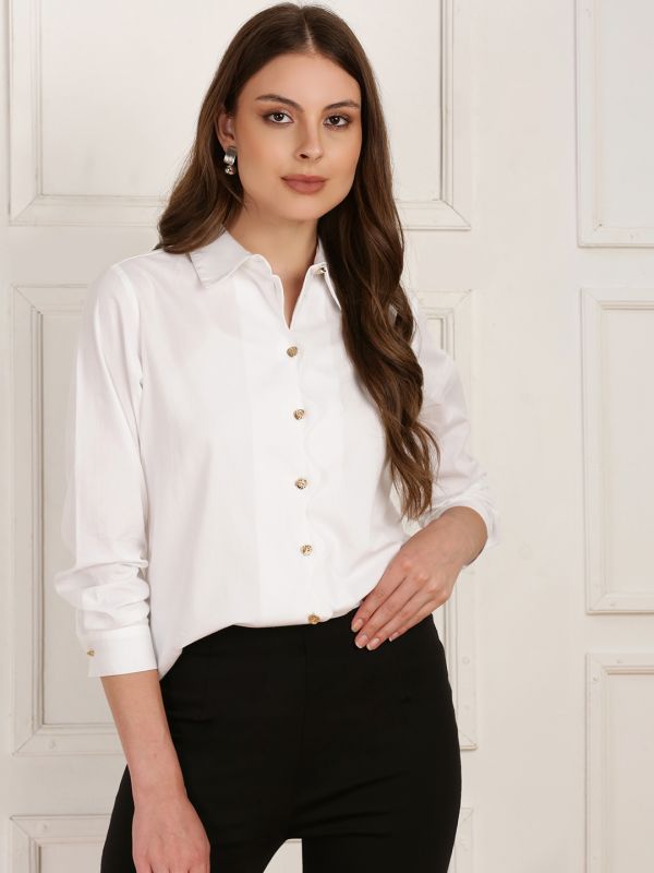 Globus Women White Collared Neck Scalloped Button Placket Cuffed Sleeves Straight Hem Party Shirt