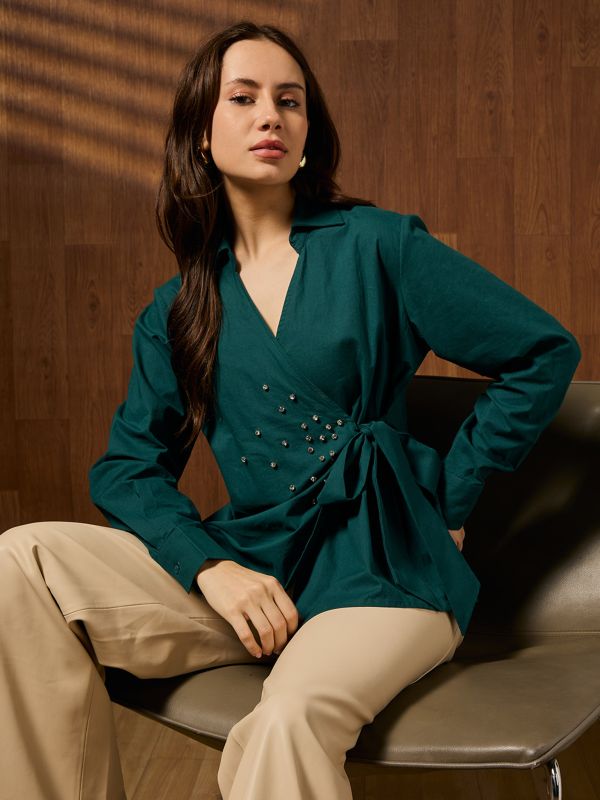 Globus Women Teal Collared Neck Cuffed Sleeves Solid Embellished Tie-up Detail Party Shirt