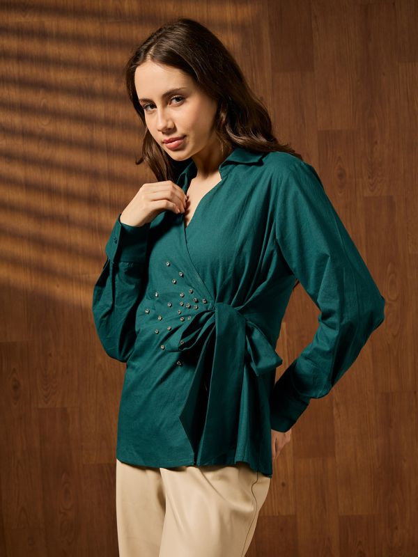 Globus Women Teal Collared Neck Cuffed Sleeves Solid Embellished Tie-up Detail Party Shirt