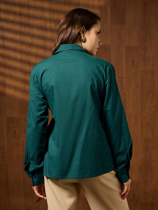 Globus Women Teal Collared Neck Cuffed Sleeves Solid Embellished Tie-up Detail Party Shirt