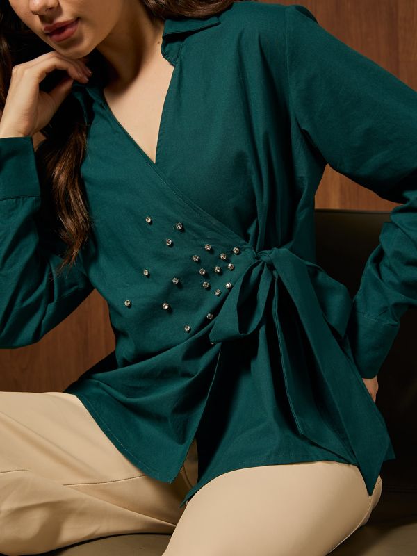 Globus Women Teal Collared Neck Cuffed Sleeves Solid Embellished Tie-up Detail Party Shirt