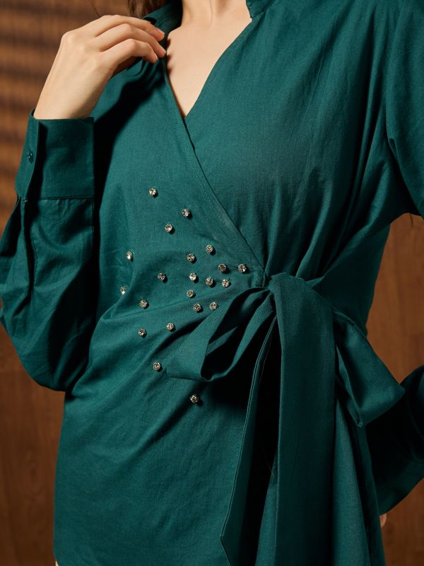 Globus Women Teal Collared Neck Cuffed Sleeves Solid Embellished Tie-up Detail Party Shirt