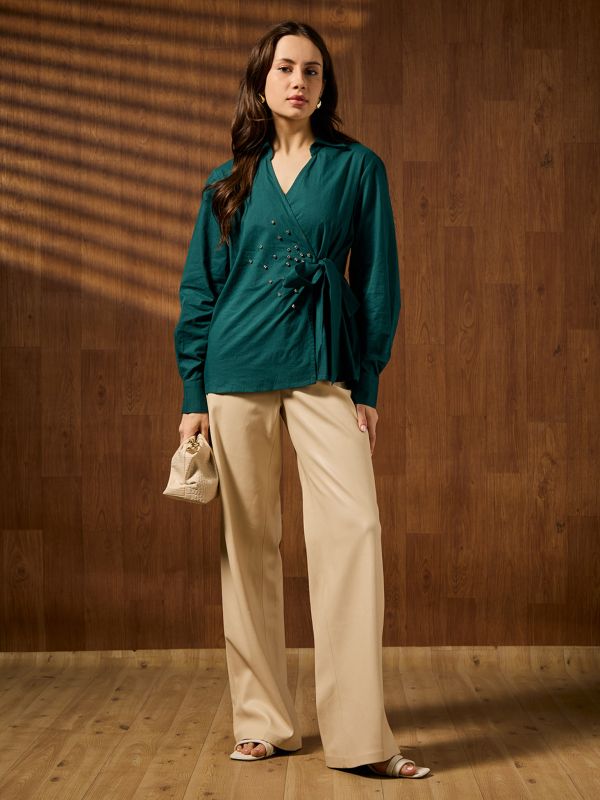 Globus Women Teal Collared Neck Cuffed Sleeves Solid Embellished Tie-up Detail Party Shirt