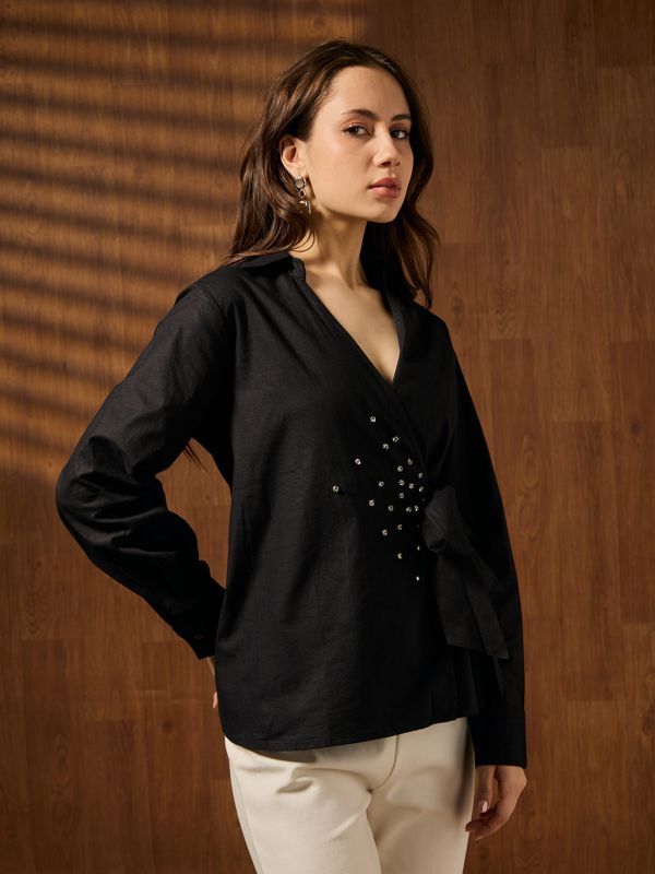 Globus Women Black Collared Neck Cuffed Sleeves Solid Embellished Tie-up Detail Party Shirt