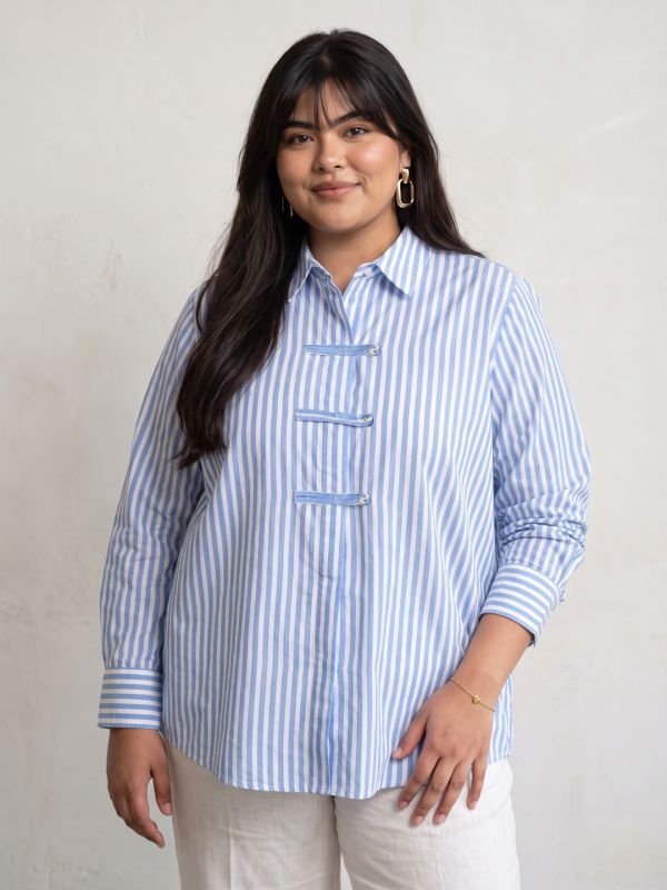 Globus Women Blue Vertical Striped Spread Collar Long Cuffed Sleeves Cotton Shirt