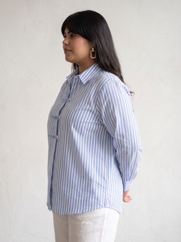 Globus Women Blue Vertical Striped Spread Collar Long Cuffed Sleeves Cotton Shirt