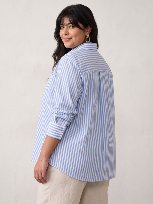 Globus Women Blue Vertical Striped Spread Collar Long Cuffed Sleeves Cotton Shirt