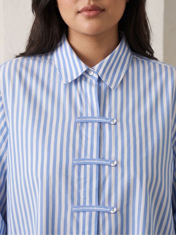 Globus Women Blue Vertical Striped Spread Collar Long Cuffed Sleeves Cotton Shirt