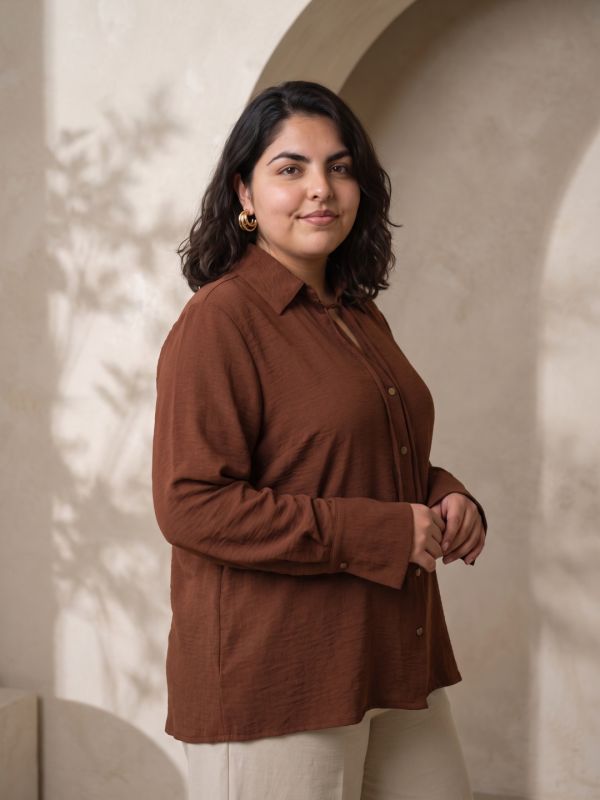 Globus Gloplus Women Brown Spread Collar With Tie Up Detail Cuffed Sleeves Textured Formal Plus Size Shirt