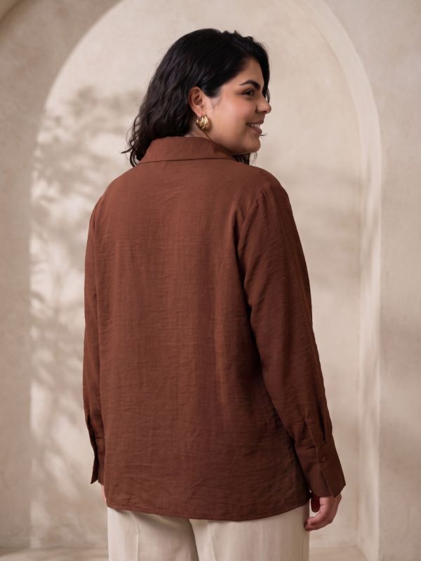 Globus Gloplus Women Brown Spread Collar With Tie Up Detail Cuffed Sleeves Textured Formal Plus Size Shirt