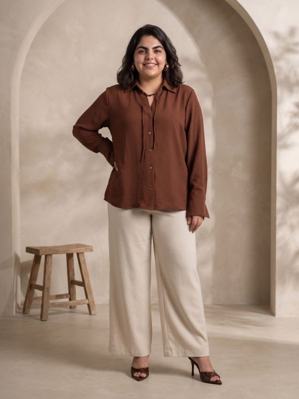Globus Gloplus Women Brown Spread Collar With Tie Up Detail Cuffed Sleeves Textured Formal Plus Size Shirt