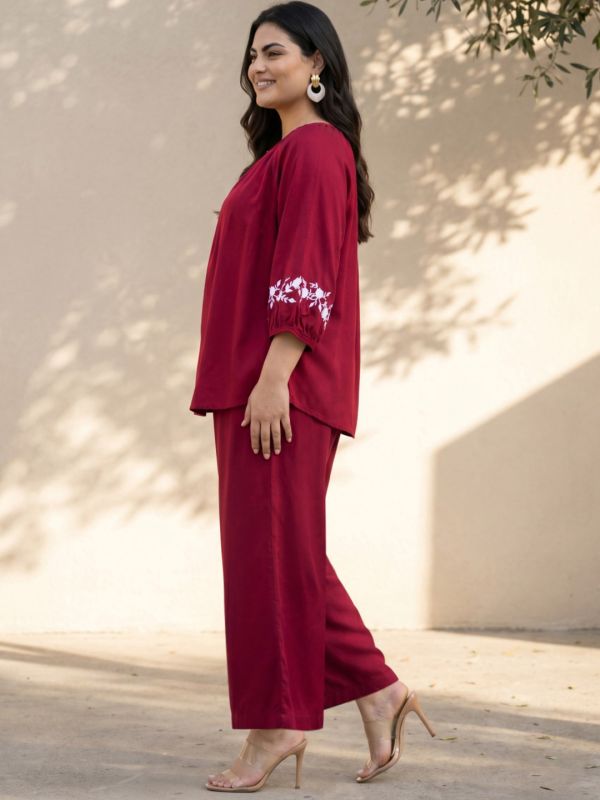 Globus Gloplus Women Maroon Round Neck Embroidered Sleeves Plus Size Top & Trousers Co-Ord Set