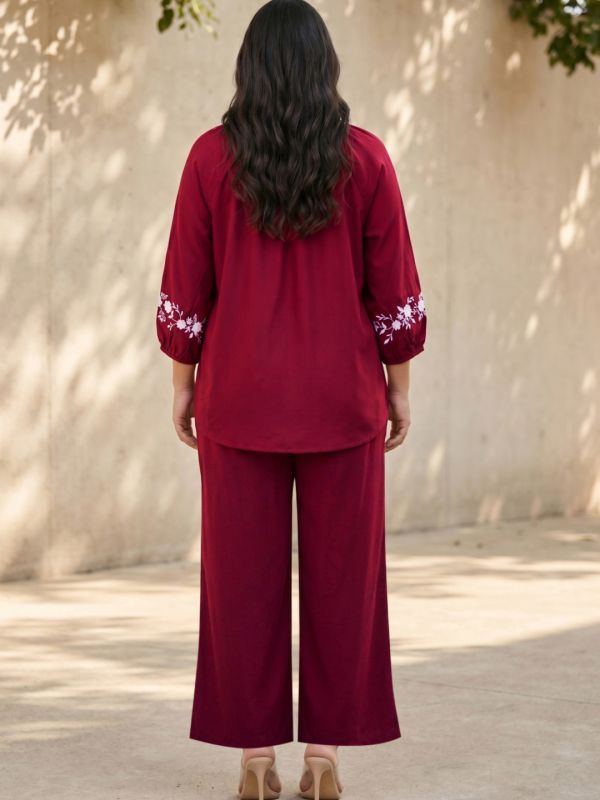 Globus Gloplus Women Maroon Round Neck Embroidered Sleeves Plus Size Top & Trousers Co-Ord Set