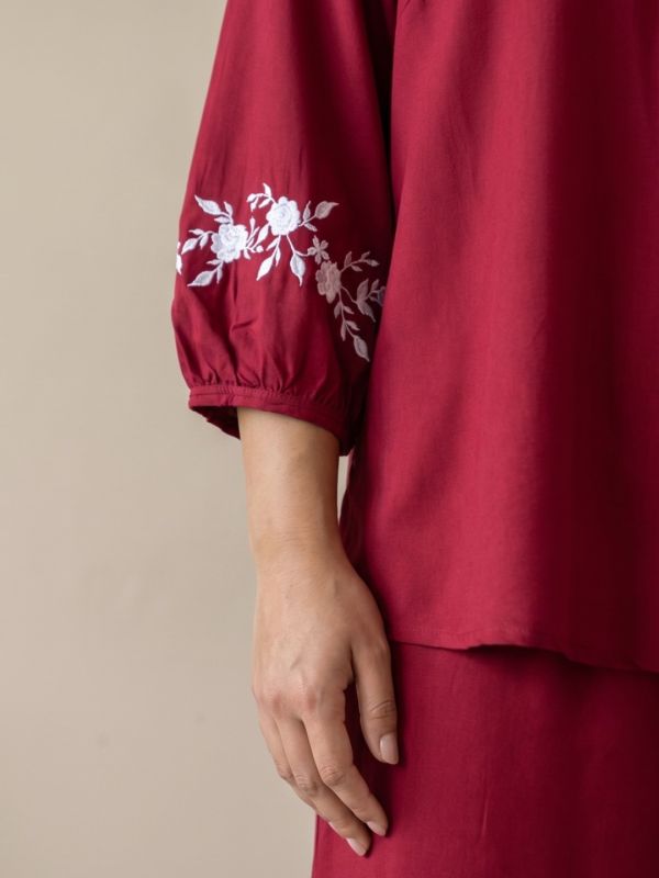 Globus Gloplus Women Maroon Round Neck Embroidered Sleeves Plus Size Top & Trousers Co-Ord Set