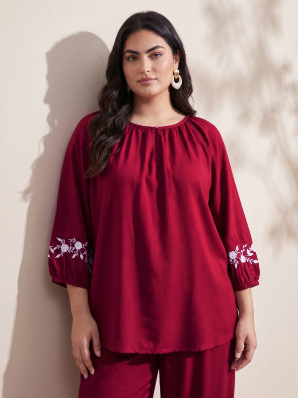 Globus Gloplus Women Maroon Round Neck Embroidered Sleeves Plus Size Top & Trousers Co-Ord Set