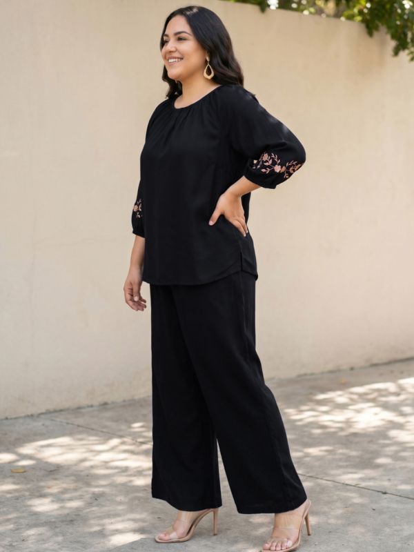 Globus Gloplus Women Black Round Neck Embroidered Sleeves Plus Size Top & Trousers Co-Ord Set
