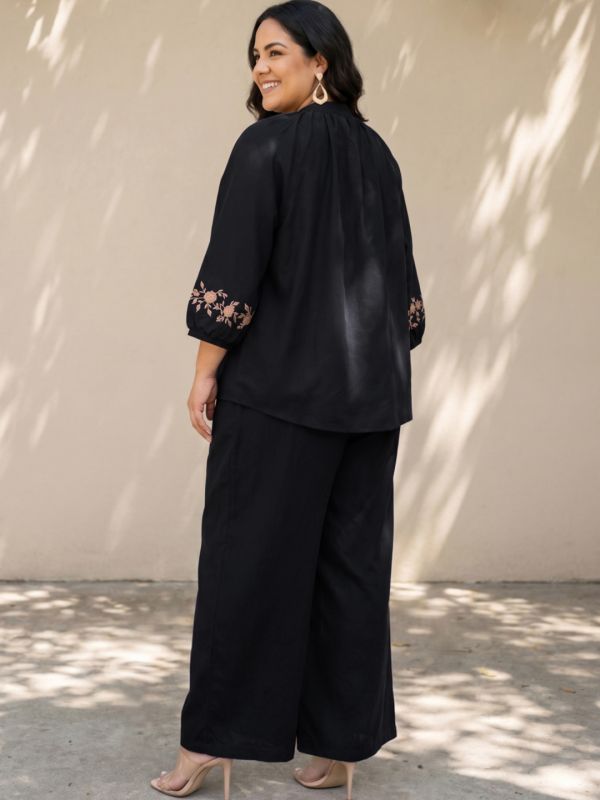 Globus Gloplus Women Black Round Neck Embroidered Sleeves Plus Size Top & Trousers Co-Ord Set