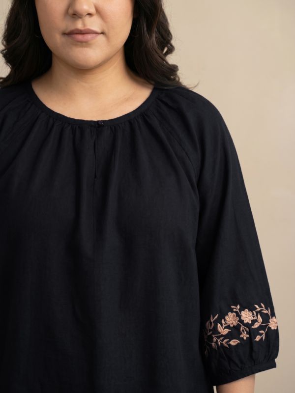 Globus Gloplus Women Black Round Neck Embroidered Sleeves Plus Size Top & Trousers Co-Ord Set