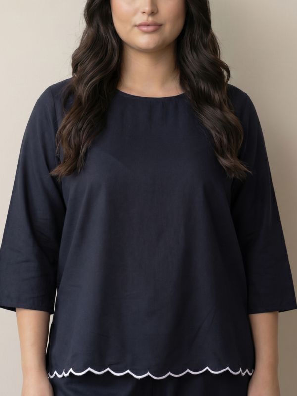 Globus Gloplus Women Black Round Neck Scalloped Hem Top & Trousers Plus Size Co-ord Set
