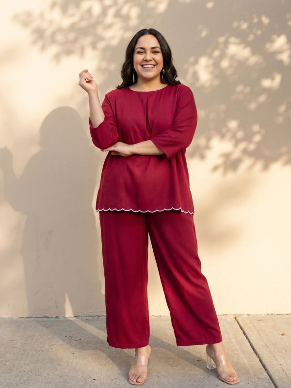 Globus Gloplus Women Maroon Round Neck Scalloped Hem Top & Trousers Plus Size Co-ord Set
