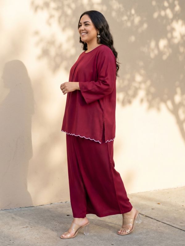 Globus Gloplus Women Maroon Round Neck Scalloped Hem Top & Trousers Plus Size Co-ord Set