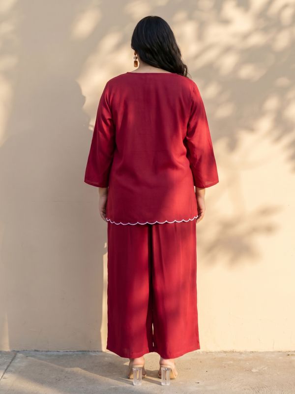 Globus Gloplus Women Maroon Round Neck Scalloped Hem Top & Trousers Plus Size Co-ord Set