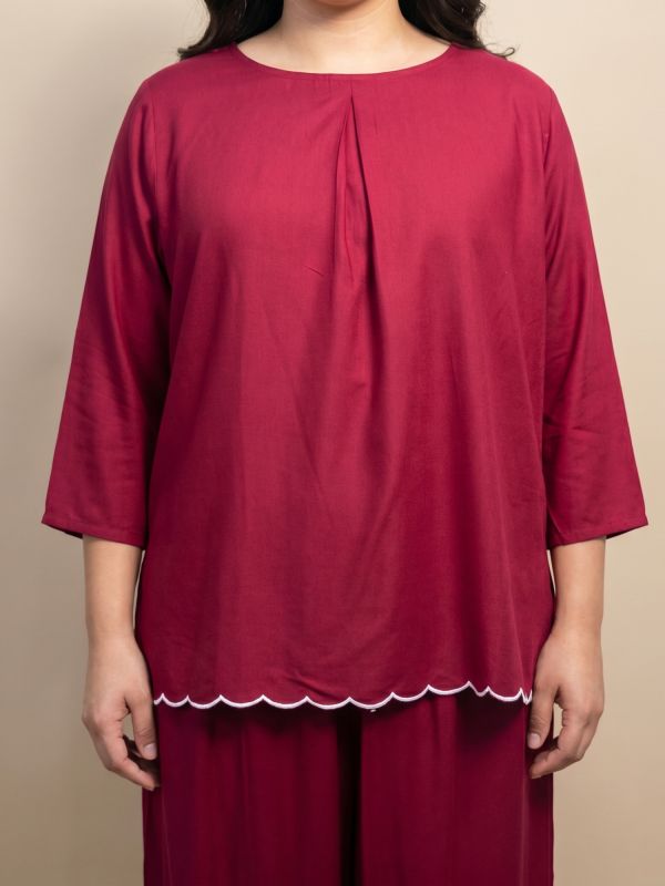Globus Gloplus Women Maroon Round Neck Scalloped Hem Top & Trousers Plus Size Co-ord Set