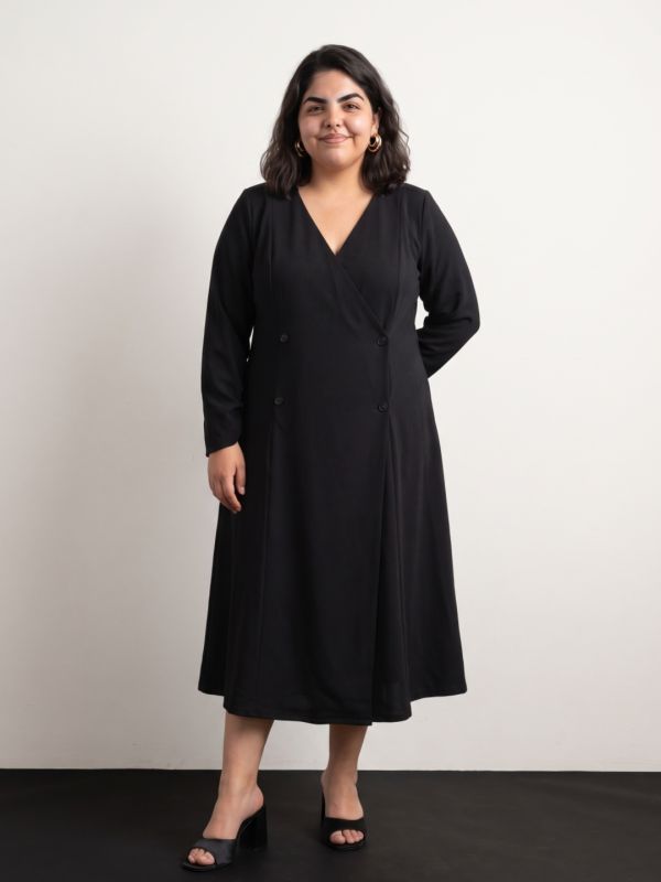 Globus Gloplus Women Black V-neck Long Sleeves Hong Button Double Breasted Self Design Midi Wrap Workwear Plus Size Dress
