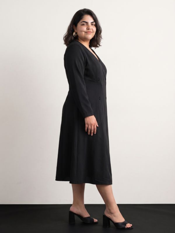 Globus Gloplus Women Black V-neck Long Sleeves Hong Button Double Breasted Self Design Midi Wrap Workwear Plus Size Dress