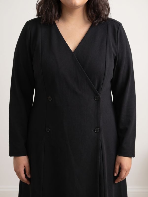 Globus Gloplus Women Black V-neck Long Sleeves Hong Button Double Breasted Self Design Midi Wrap Workwear Plus Size Dress