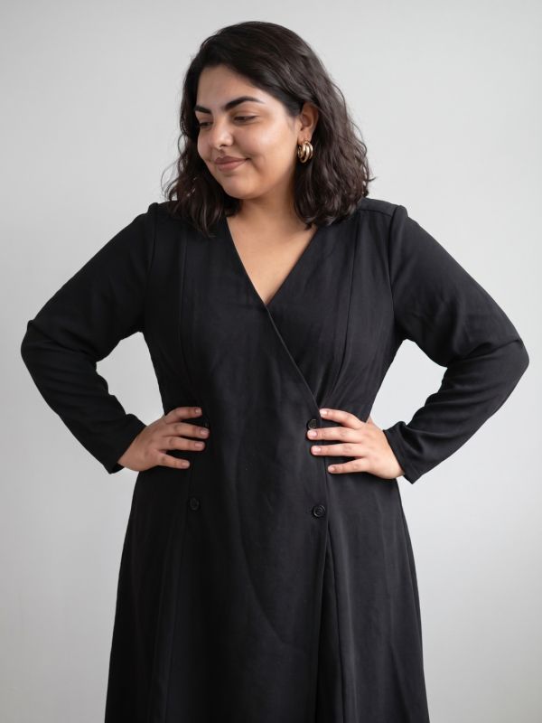 Globus Gloplus Women Black V-neck Long Sleeves Hong Button Double Breasted Self Design Midi Wrap Workwear Plus Size Dress