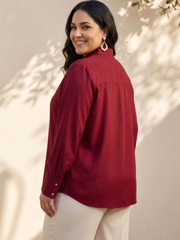 Globus Gloplus Women Maroon Tie Up Neck Cuffed Sleeves Workwear Plus Size Shirt