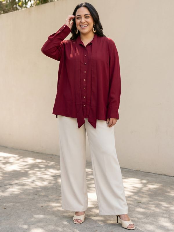 Globus Gloplus Women Maroon Tie Up Neck Cuffed Sleeves Workwear Plus Size Shirt