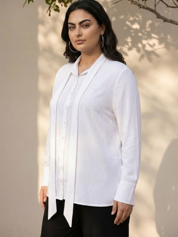 Globus Gloplus Women White Tie Up Neck Cuffed Sleeves Workwear Plus Size Shirt
