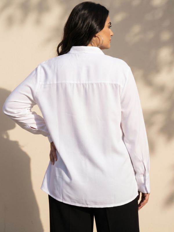 Globus Gloplus Women White Tie Up Neck Cuffed Sleeves Workwear Plus Size Shirt