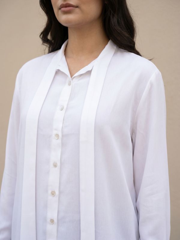Globus Gloplus Women White Tie Up Neck Cuffed Sleeves Workwear Plus Size Shirt