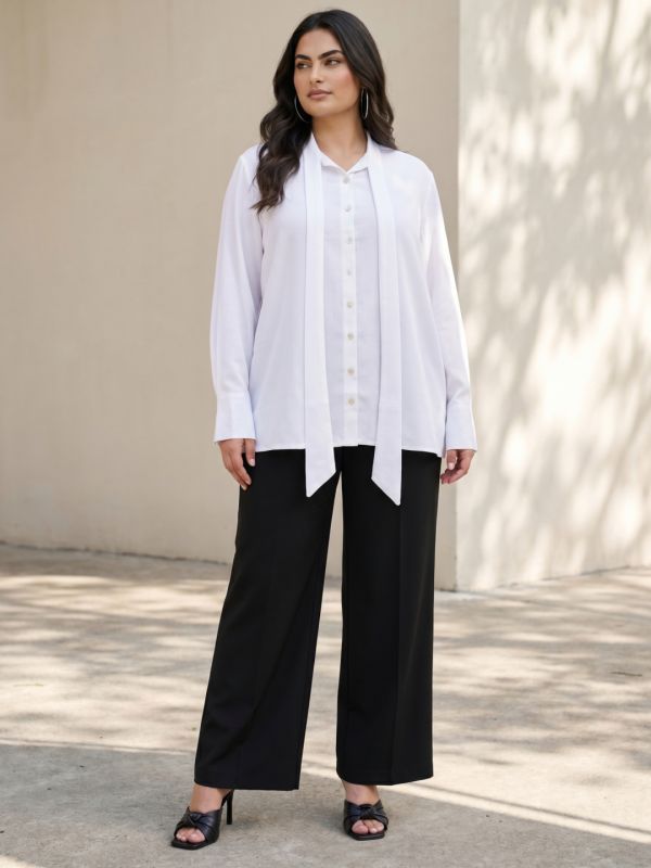 Globus Gloplus Women White Tie Up Neck Cuffed Sleeves Workwear Plus Size Shirt