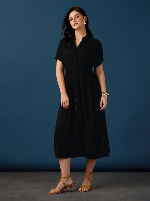 Globus Women Black V-Neck Extended Sleeves Ruched Detail Self Design Fit & Flare Midi Workwear Dress