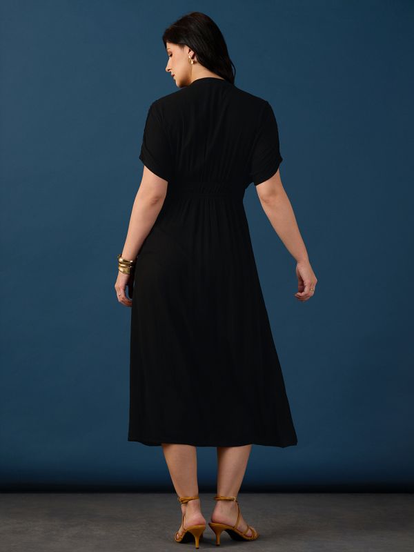 Globus Women Black V-Neck Extended Sleeves Ruched Detail Self Design Fit & Flare Midi Workwear Dress