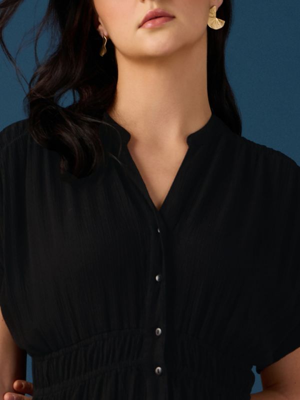 Globus Women Black V-Neck Extended Sleeves Ruched Detail Self Design Fit & Flare Midi Workwear Dress