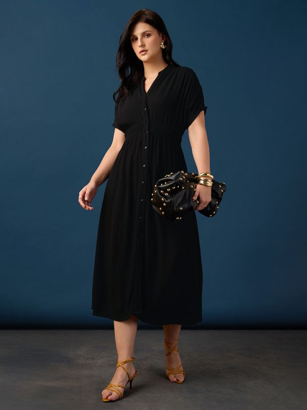 Globus Women Black V-Neck Extended Sleeves Ruched Detail Self Design Fit & Flare Midi Workwear Dress