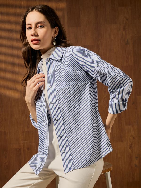 Globus Women Blue Collared Neck Cuffed Sleeves Striped Curved Hem Workwear Shirt