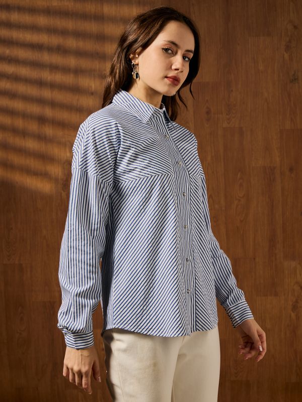 Globus Women Blue Collared Neck Cuffed Sleeves Striped Curved Hem Workwear Shirt