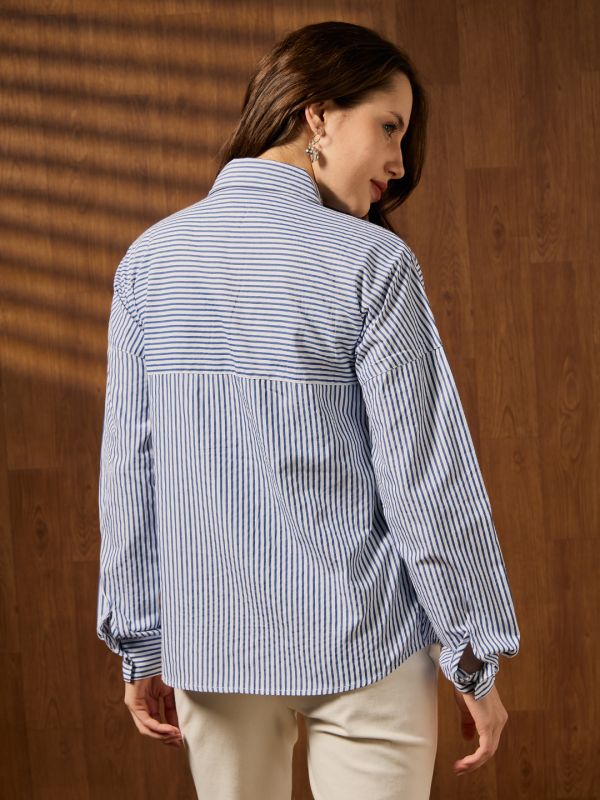 Globus Women Blue Collared Neck Cuffed Sleeves Striped Curved Hem Workwear Shirt