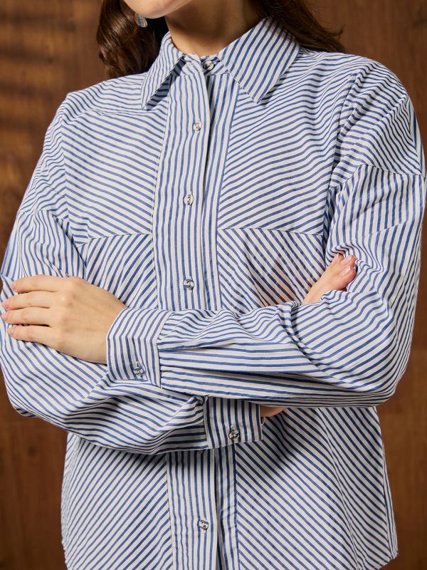Globus Women Blue Collared Neck Cuffed Sleeves Striped Curved Hem Workwear Shirt