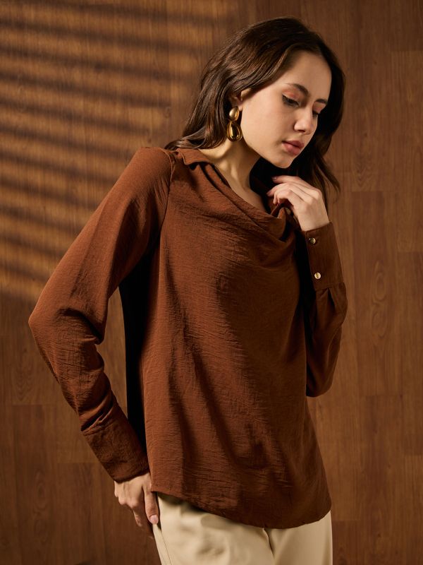 Globus Women Brown Cowl Neck Cuffed Sleeves Self Design Shirt Style Workwear Top
