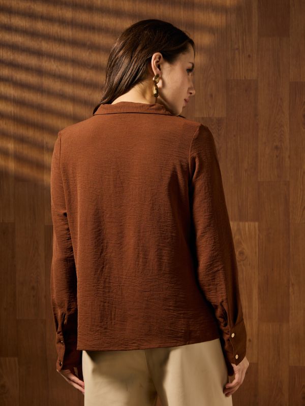 Globus Women Brown Cowl Neck Cuffed Sleeves Self Design Shirt Style Workwear Top
