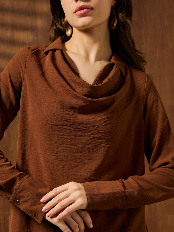 Globus Women Brown Cowl Neck Cuffed Sleeves Self Design Shirt Style Workwear Top