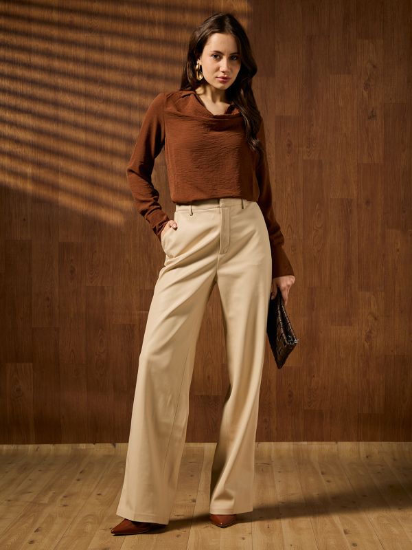 Globus Women Brown Cowl Neck Cuffed Sleeves Self Design Shirt Style Workwear Top